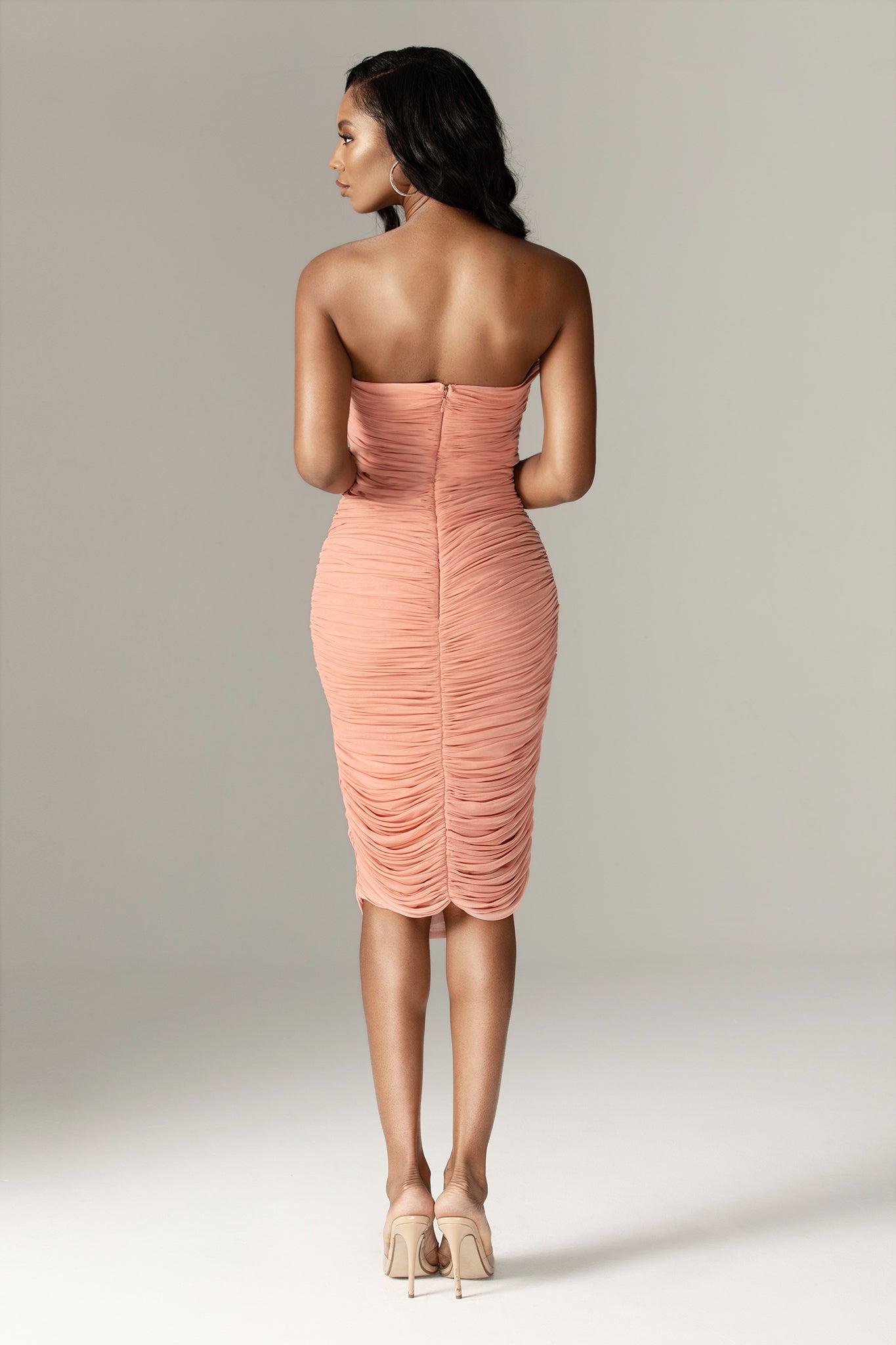 Nelsi Strapless Ruched Midi Dress (Warm Pink)