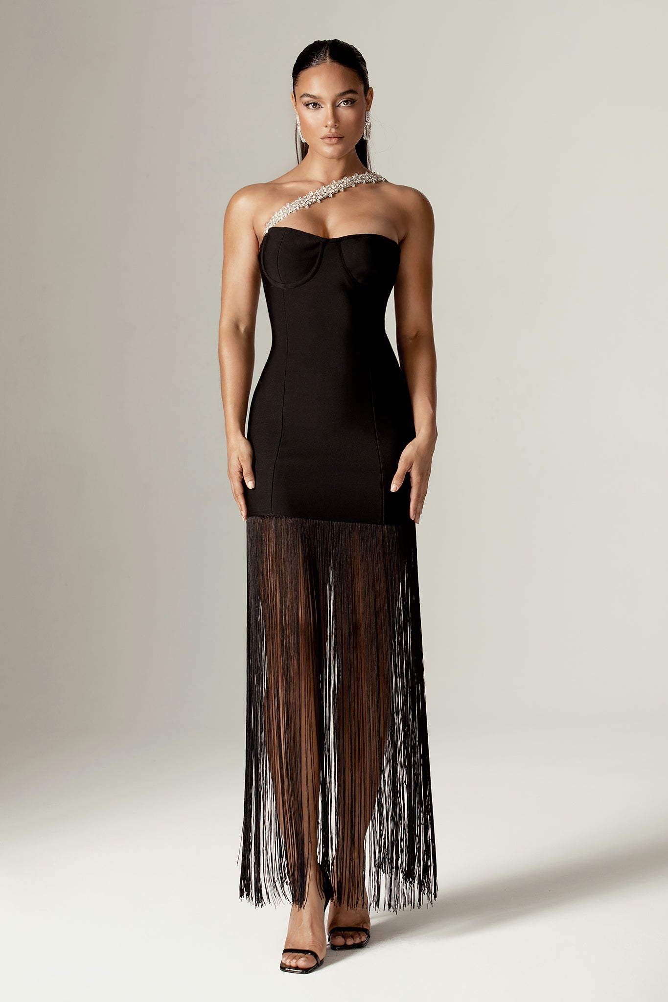 Catia Rhinestone Bandage Fringe Trim Maxi Dress (Black)