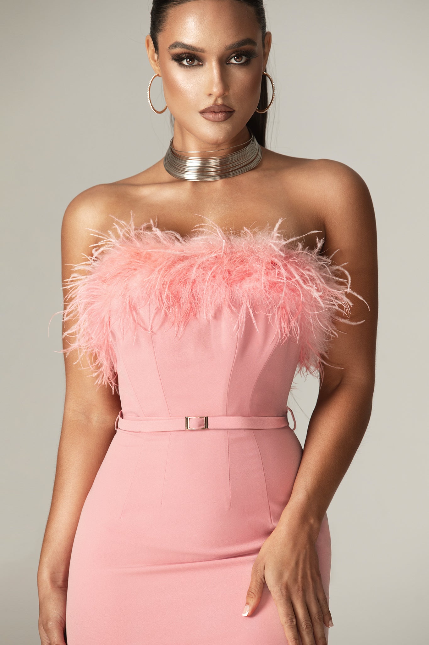 Carmen Strapless Corset Belted Midi Dress (Blush Pink)