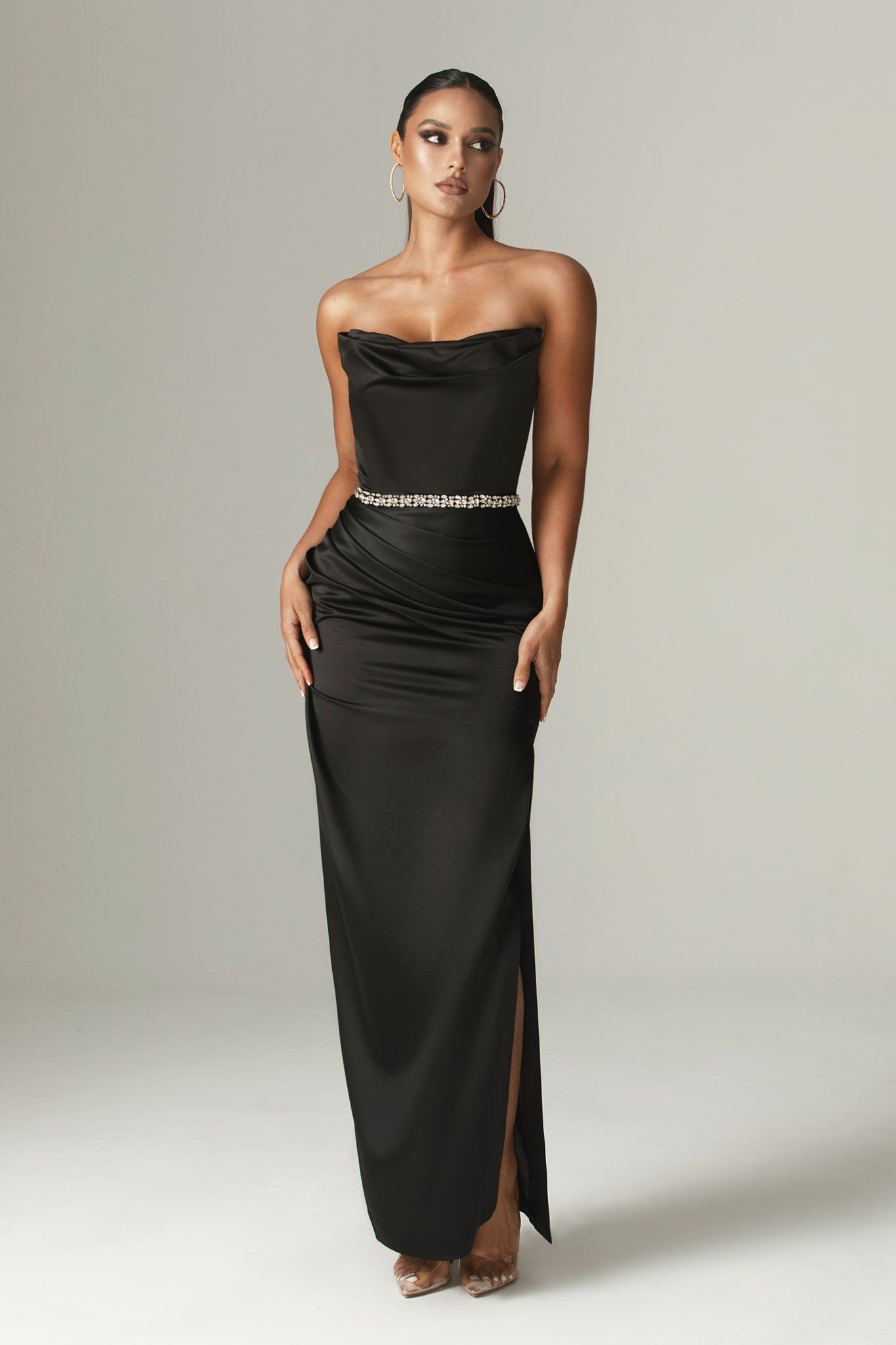 Alara Duchess Crystal Gown Dress (Black)