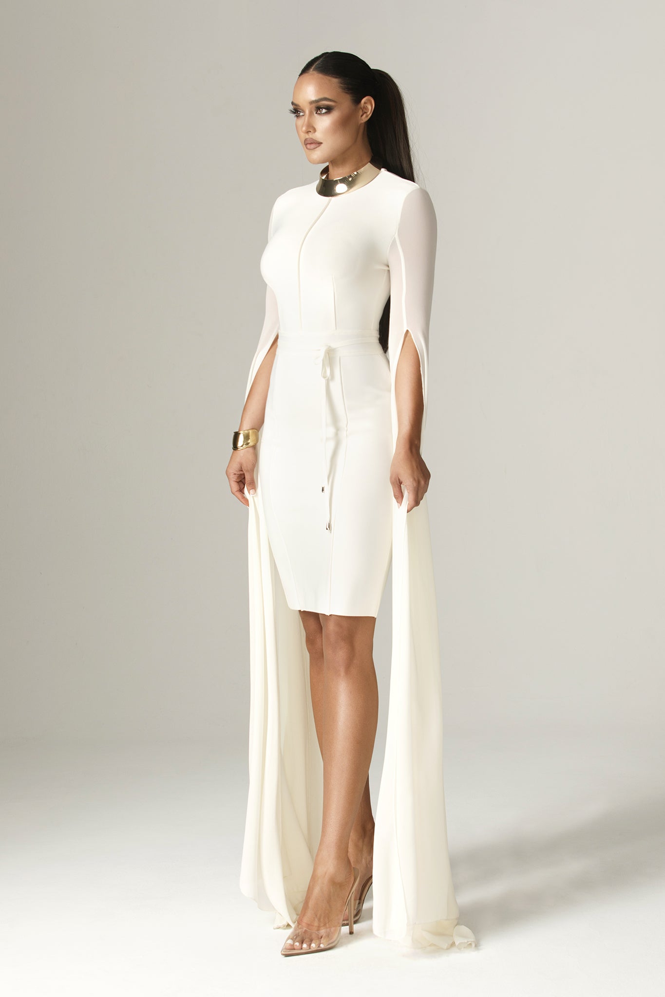 Ziba Bandage Shawl Sleeves Midi Dress (Ivory)