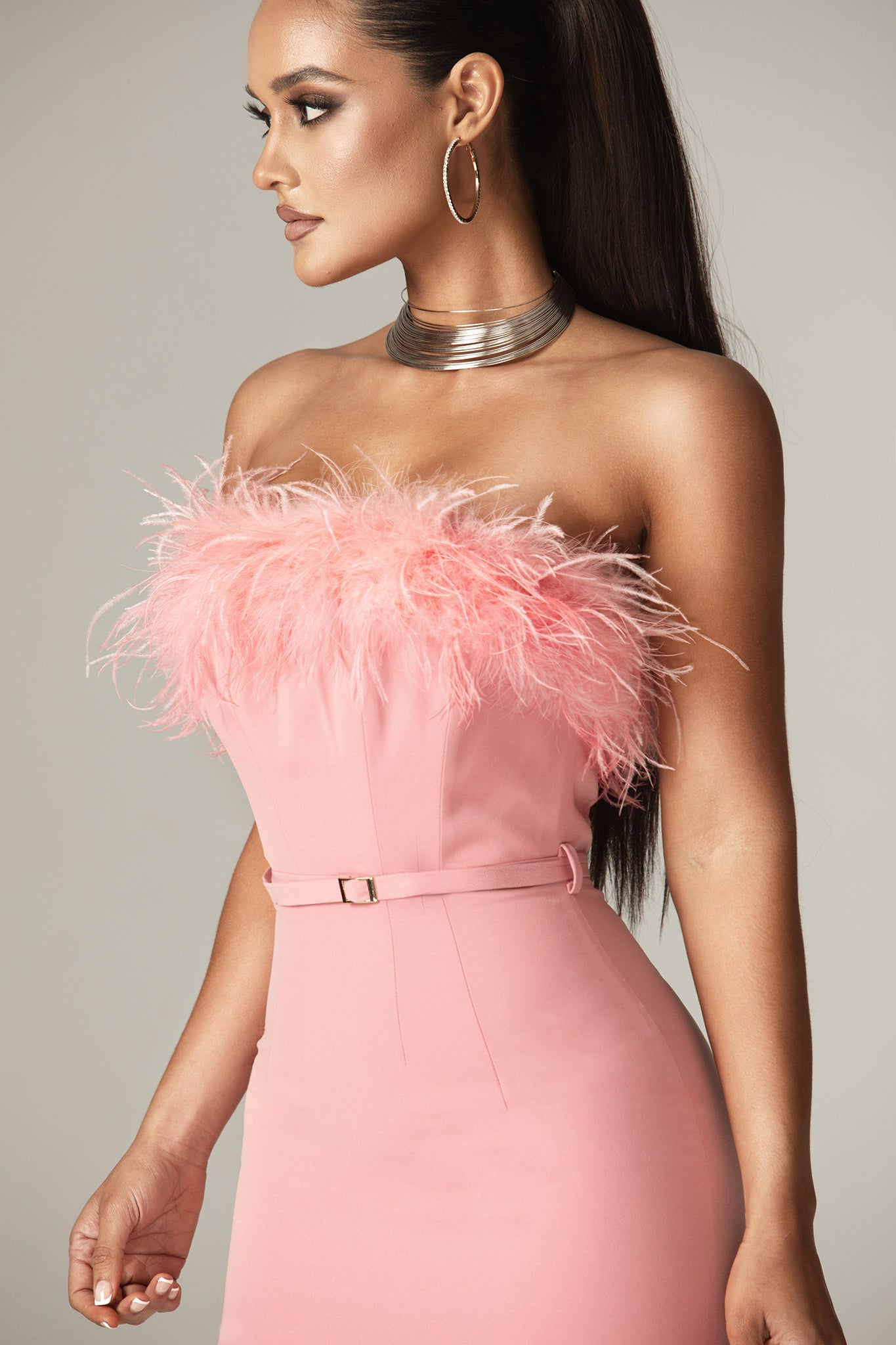 Carmen Strapless Corset Belted Midi Dress (Blush Pink)