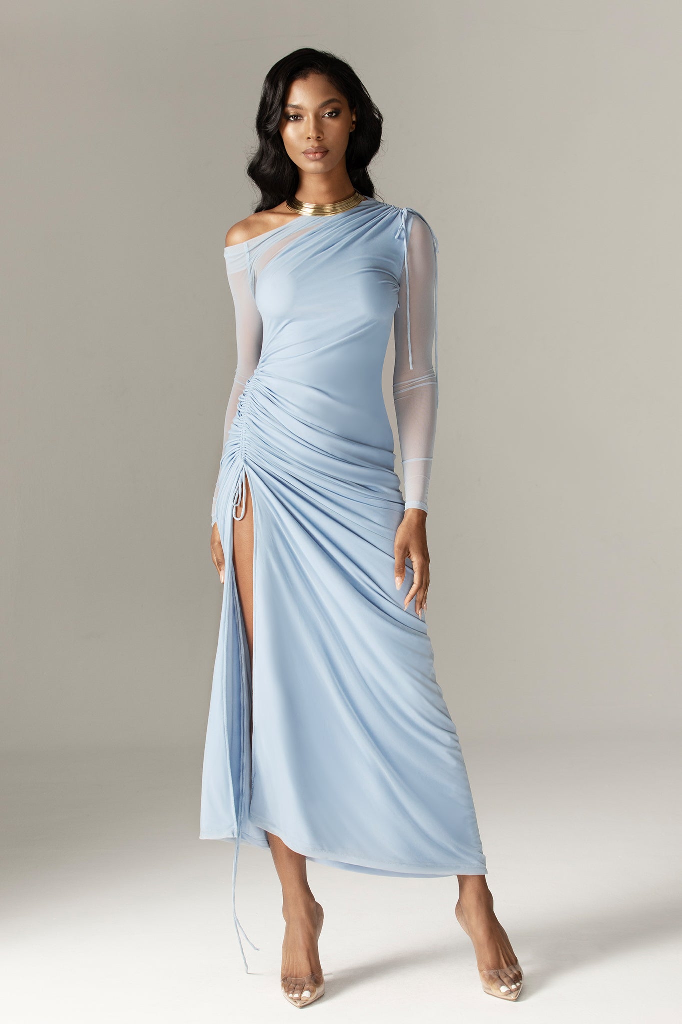 Dua Organza Ruched Mesh Long Sleeve Cut Out Maxi Dress (Soft Blue)
