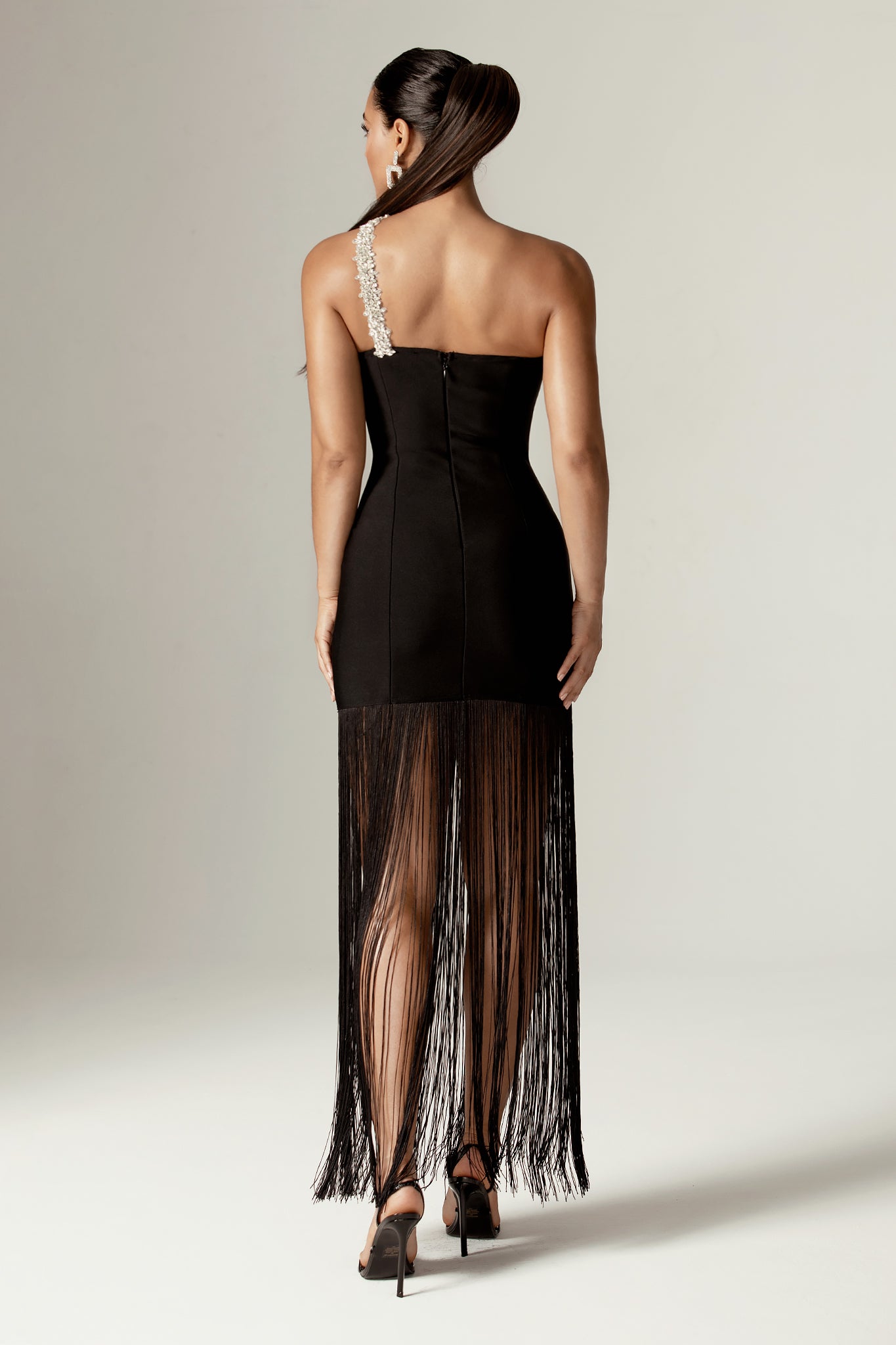 Catia Rhinestone Bandage Fringe Trim Maxi Dress (Black)