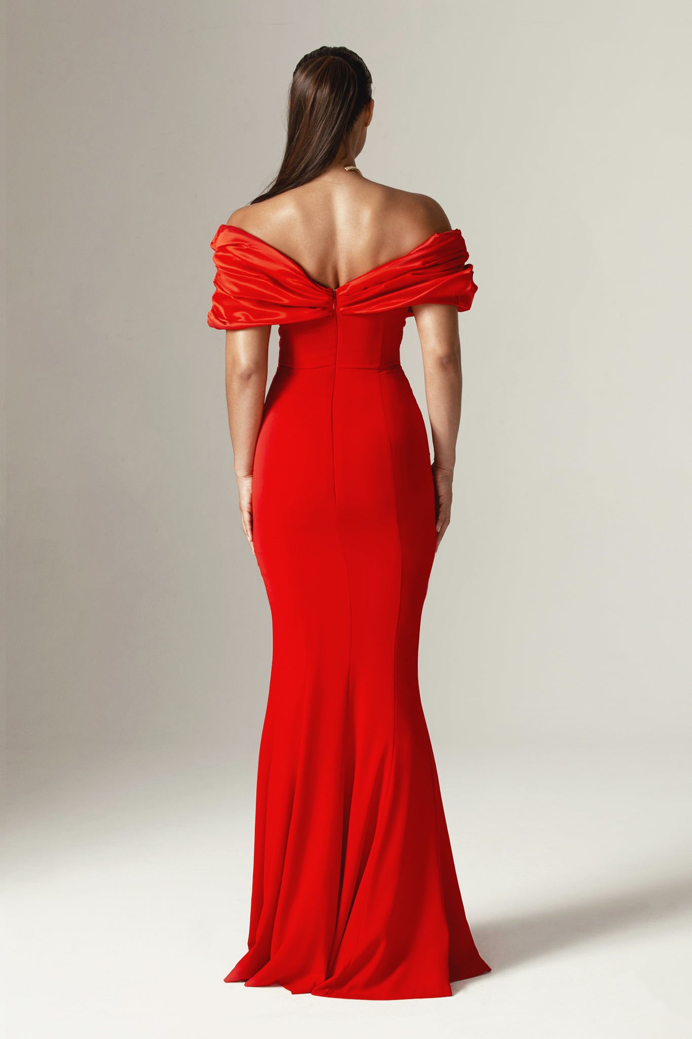 Presley Crepe Ruffle Shoulder Gown Dress (Red)