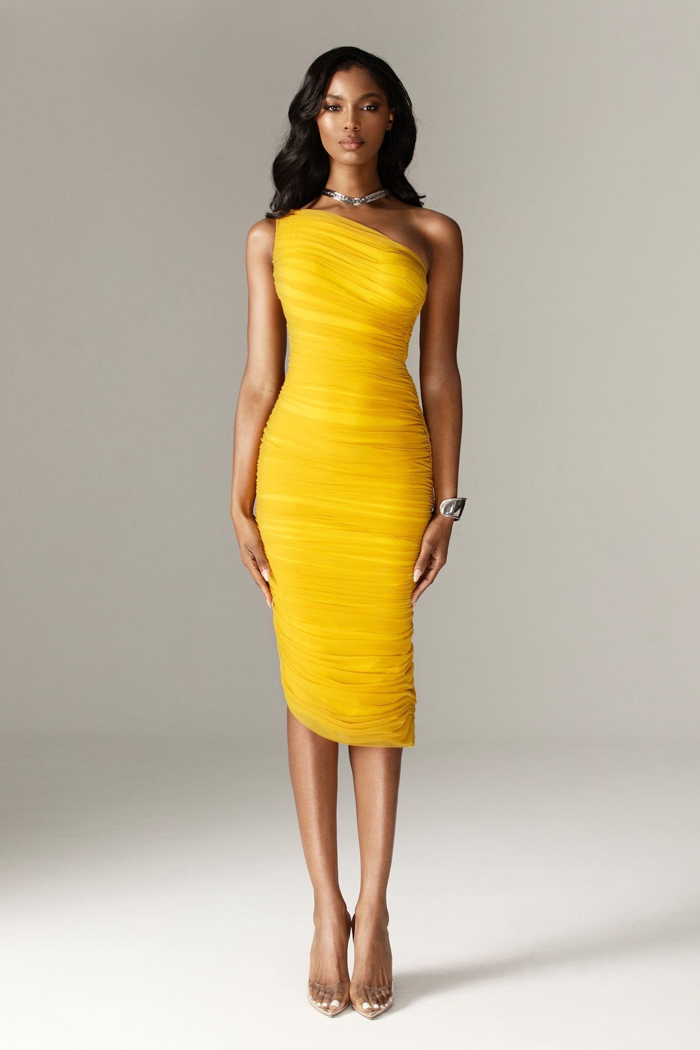 Natasha Ruched Organza Mesh Midi Dress (Yellow)