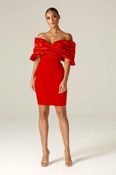 Maribel Crepe Ruffle Shoulder Dress (Red) - Alieva