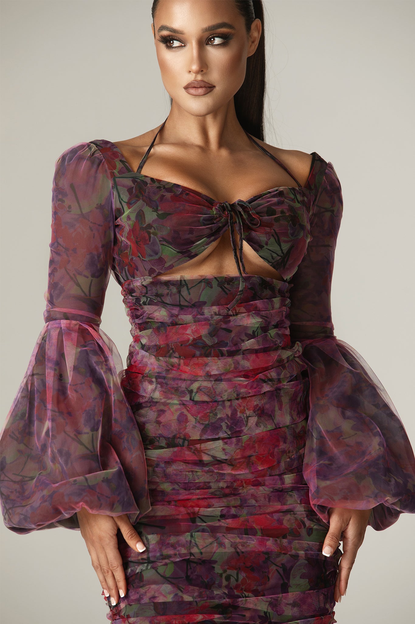 Bianca Cutout Ruched Midi Dress (Floral Print)