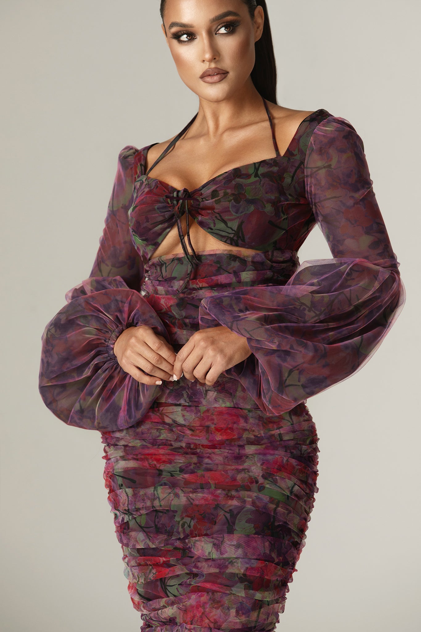 Bianca Cutout Ruched Midi Dress (Floral Print)